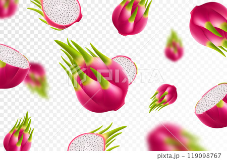 Flying ripe dragon fruit. Bright background falling juicy fruit pitahaya, realistic illustration with blurred effect. 3d vector design for advertising banners and web page design 119098767