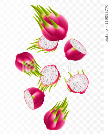 Flying ripe dragon fruit. Bright background falling juicy fruit pitahaya, realistic illustration with blurred effect. 3d vector design for advertising banners and web page design 119098770