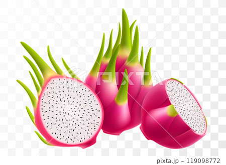 Dragon fruit. Fresh ripe Pitaya, cut pitahaya with white flesh and black seeds. Exotic dragon fruit isolated on transparent background. Summer tropical vitamin food. Realistic 3d vector illustration 119098772