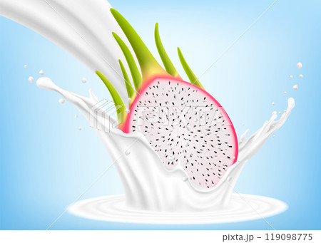 Exotic, tropical Dragon fruit in splash of yogurt or milk, cocktail splash and drops, Milkshake splash with pitaya or pitahaya. Realistic 3d vector illustration 119098775