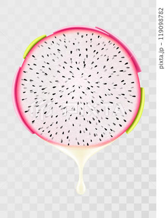 Dragon fruits juice dripping from fresh sliced pitahaya, isolated on transparent background. Ripe pitaya with fresh juice. Bright exotic summer design. Realistic 3d vector illustration Dragon fruits juice dripping from fresh sliced pitahaya, isolated on transparent background. Ripe pitaya with fresh juice. Bright exotic summer design. Realistic 3d vector illustration 119098782