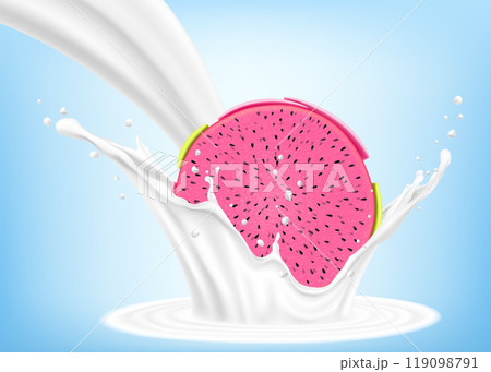 Exotic, tropical Dragon fruit in splash of yogurt or milk, cocktail splash and drops, Milkshake splash with pitaya or pitahaya. Realistic 3d vector illustration 119098791