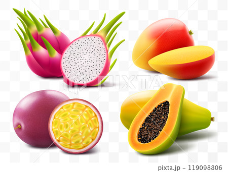 Set of exotic ripe tropical fruits mango, papaya, passion fruit and dragon fruit or pitaya, isolated on transparent background. Whole and slices of juicy fruits. Realistic 3d vector illustration Set of exotic ripe tropical fruits mango, papaya, passion fruit and dragon fruit or pitaya, isolated on transparent background. Whole and slices of juicy fruits. Realistic 3d vector illustration 119098806