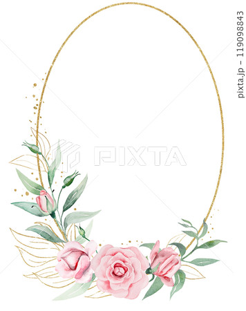 Frame with pink watercolor flowers and green leaves, isolated wedding and greeting illustration Frame with pink watercolor flowers and green leaves, isolated wedding and greeting illustration 119098843