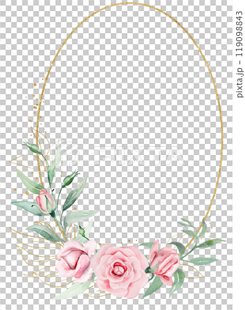 Frame with pink watercolor flowers and green leaves, isolated wedding and greeting illustration Frame with pink watercolor flowers and green leaves, isolated wedding and greeting illustration 119098843