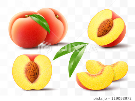 Ripe peach fruit illustration. Half, whole and slice of juicy peach isolated on transparent background. Realistic 3d vector set. Velvety, golden-orange plant with green leaf 119098972