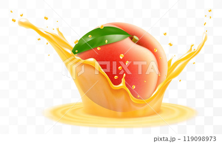 Peach juice. Fresh ripe peach falls into a splash of juice, isolated on transparent background. Realistic 3d vector illustration. Summer vitamin food and drink. Peach smoothie splash, vitamin cocktail 119098973