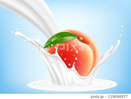 Fresh ripe peach falls into a splash of yogurt or milk, cocktail splash with drops, Milkshake splash with sweet juicy fruit. Realistic 3d vector illustration 119098977