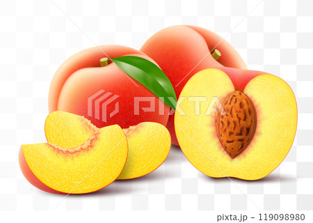 Ripe peach fruit illustration. Half, whole and slice juicy of peach isolated on transparent background. Realistic 3d vector set. Velvety, golden-orange plant with green leaf 119098980