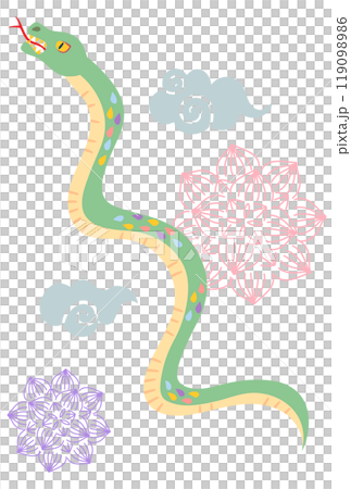 Background of colorful scaly snake and lotus flowers rising into the sky 119098986