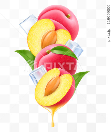 Ripe juicy plum and ice cubes with leaves in swirl motion. Composition of whole fresh plum, half and slices of plum fruits, 3D realistic vector illustration isolated on transparent background. Ripe juicy plum and ice cubes with leaves in swirl motion. Composition of whole fresh plum, half and slices of plum fruits, 3D realistic vector illustration isolated on transparent background. 119099000