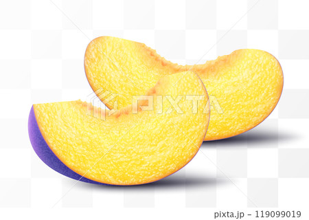 Juicy plum slices isolated on transparent background. Ripe purple fruits, prunes, natural berries, Pieces of fresh sweet plum, fresh organic food. Realistic vector 3d illustration 119099019