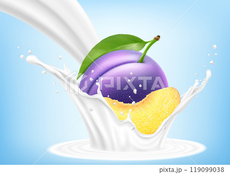 Fresh ripe purple plum falls into a splash of yogurt or milk, cocktail splash with drops, Milkshake splash with sweet juicy fruit. Realistic 3d vector illustration 119099038