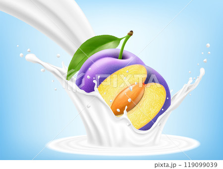 Fresh ripe purple plum falls into a splash of yogurt or milk, cocktail splash with drops, Milkshake splash with sweet juicy fruit. Realistic 3d vector illustration 119099039