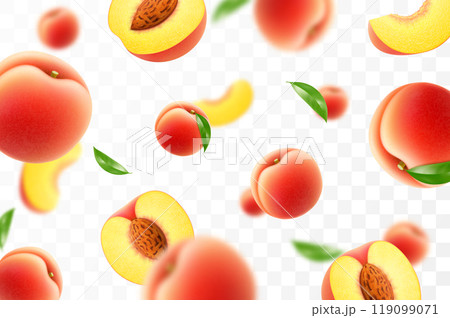 Flying ripe peach. Bright advertising background falling juicy sweet peach, realistic illustration with blurred effect. 3d vector design for advertising banners and web page design Flying ripe peach. Bright advertising background falling juicy sweet peach, realistic illustration with blurred effect. 3d vector design for advertising banners and web page design 119099071