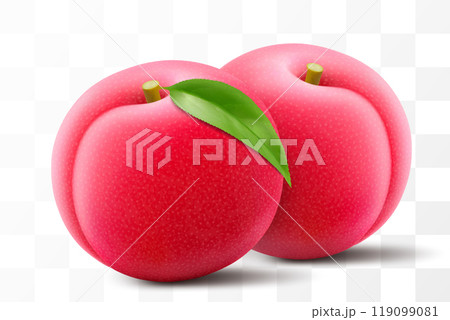 Juicy sweet plum isolated on transparent background. Round red fruits, prunes, red jam natural berries, dark grapes, date fruit, fresh organic food. Realistic vector 3d illustration 119099081