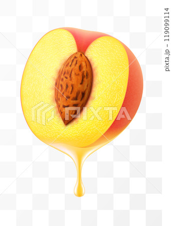 Peach juice Dripping From Fresh ripe peach, isolated on transparent background. Sweet peach with fresh juice. Bright summer design. Realistic 3d vector illustration 119099114