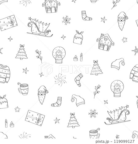 Seamless pattern of Christmas doodle icons. Vector illustration background. Concept of New Year holiday. 119099127