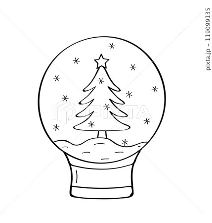 Christmas tree in a decorated snow glass ball. Vector illustration Christmas glass sphere doodle icon. Isolated on white. 119099135