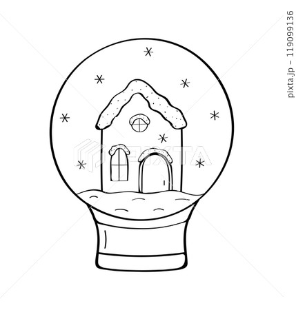 Christmas house in a decorated snow glass ball. Vector illustration Christmas glass sphere doodle icon. Isolated on white. Christmas house in a decorated snow glass ball. Vector illustration Christmas glass sphere doodle icon. Isolated on white. 119099136
