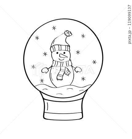 Christmas snowman in a decorated snow glass ball. Vector illustration Christmas glass sphere doodle icon. Isolated on white. 119099137