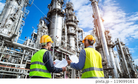 Team engineer surveyor discussion in project construction site work. Teamwork civil engineer working for structure inspection in construction site 119099161