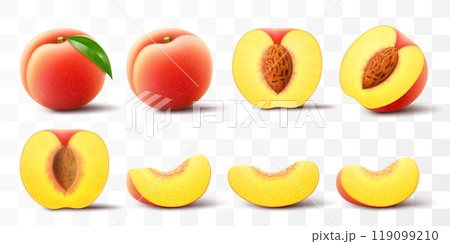 Ripe peach fruit illustration. Half, whole and slice of juicy peach isolated on transparent background. Realistic 3d vector set. Velvety, golden-orange plant with green leaf 119099210