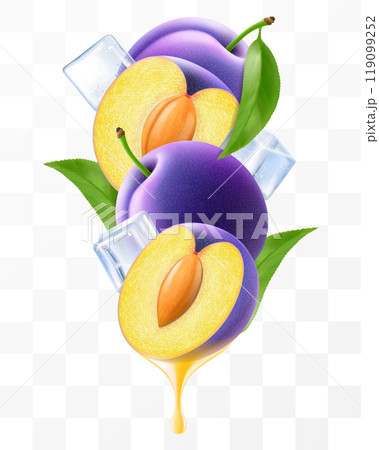 Ripe juicy plum and ice cubes with leaves in swirl motion. Composition of whole purple plum, half and slices of plum fruits, 3D realistic vector illustration isolated on transparent background. Ripe juicy plum and ice cubes with leaves in swirl motion. Composition of whole purple plum, half and slices of plum fruits, 3D realistic vector illustration isolated on transparent background. 119099252