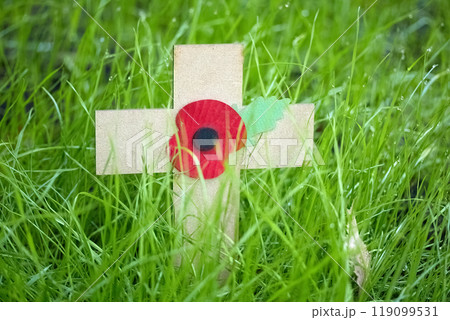 Remembrance day. Poppy Memorial. A wooden cross with a red poppy in a field of green grass. Remembrance day. Poppy Memorial. A wooden cross with a red poppy in a field of green grass. 119099531