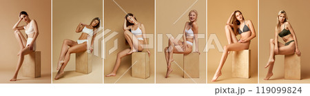 Variety of women in neutral-toned lingerie sitting on wooden cubes. Focus on natural beauty, body positivity, and body aesthetics. Variety of women in neutral-toned lingerie sitting on wooden cubes. Focus on natural beauty, body positivity, and body aesthetics. 119099824