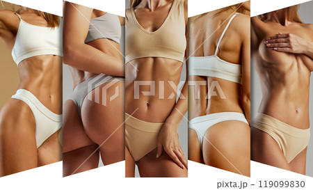 Collage. Close-up shots of toned female bodies in neutral-toned underwear, emphasizing fitness, skin texture, and beauty of natural human form. Collage. Close-up shots of toned female bodies in neutral-toned underwear, emphasizing fitness, skin texture, and beauty of natural human form. 119099830