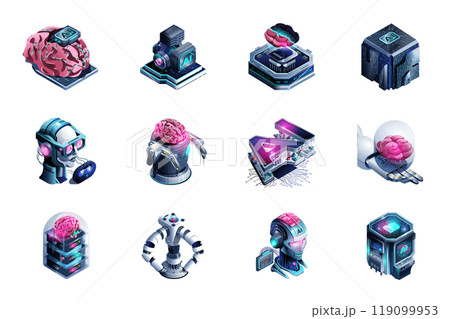 Artificial intelligence web concept of 3d isometric icons set in isometry design. Machine learning, smart robots, engineering cyborg mind, microchips with neural system, other. Vector illustration. 119099953