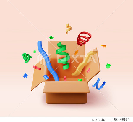 3d opened cardboard box with color confetti 119099994
