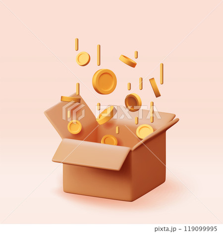 3D cardboard box with gold coins inside isolated 3D cardboard box with gold coins inside isolated 119099995