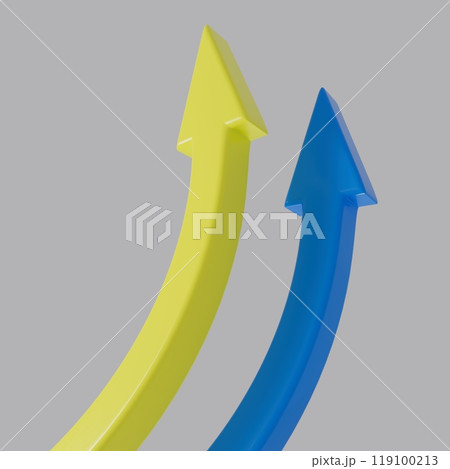 Abstract image of two 3D arrows, one yellow and one blue, pointing upwards on a gray background, symbolizing growth, success, progress, and positive upward movement in business and development Abstract image of two 3D arrows, one yellow and one blue, pointing upwards on a gray background, symbolizing growth, success, progress, and positive upward movement in business and development 119100213