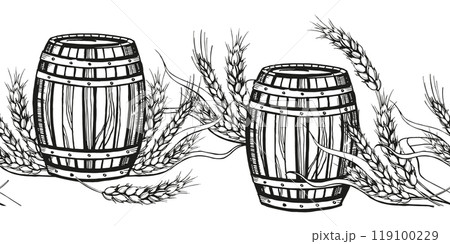vector border with wooden barrel for wine, beer, whiskey and ears of wheat, hand drawn black and white illustration of wood oak keg, wheat plant, inked illustration, sketch isolated white background vector border with wooden barrel for wine, beer, whiskey and ears of wheat, hand drawn black and white illustration of wood oak keg, wheat plant, inked illustration, sketch isolated white background 119100229