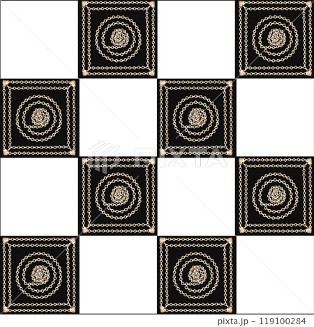 Seamless pattern of decorative square elements made of gold chains. Watercolor illustration for gift wrap design, fabric printing, window dressing and headbands 119100284