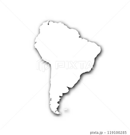 Silhouette map of South America continent. White vector map with dropped shadow on light gray background. 119100285