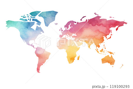 A vibrant watercolor world map features a blend of soft colors, showcasing the continents with artistic textures. Perfect for design projects and educational materials. 119100293