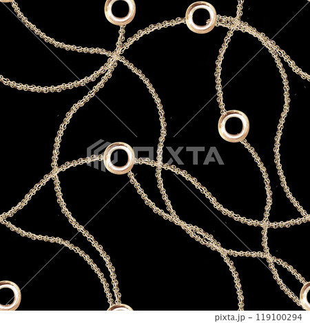 Seamless pattern of tangled chains and rings on a black background. Watercolor illustration for gift wrap design, fabric printing, window dressing and screensavers 119100294