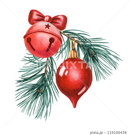 Festive pine branch with balls and bells drawn in watercolor on isolated white background for design, cards, Poster 119100436