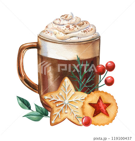 Cup cocoa with cream, gingerbread cookies holly berries isolated on white background watercolor drawn illustration, card 119100437