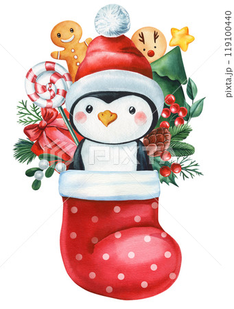 Cute penguin in Christmas stock. Festive details, gifts gingerbread. Watercolor winter penguin isolated white background Cute penguin in Christmas stock. Festive details, gifts gingerbread. Watercolor winter penguin isolated white background 119100440
