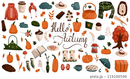 Cozy vector set of autumn icons, pumpkin,autumn...のイラスト素材 [119100598 ...