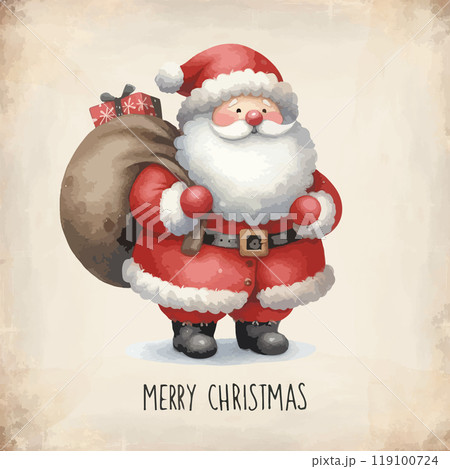 Watercolor Santa Claus with gifts in backpack. 119100724