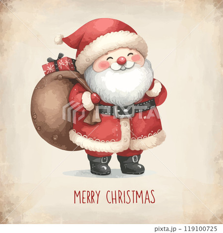 Watercolor Santa Claus with gifts in backpack. 119100725