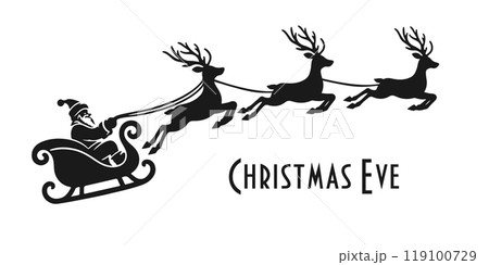 Christmas silhouette of Santa Claus in a sleigh pulled by deer. Template for laser cutting, New Year banners, posters, flyers. 119100729