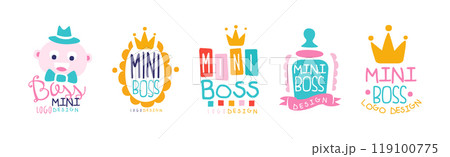 Mini Boss Logo Design with Colorful Hand Drawn Element Vector Set 119100775