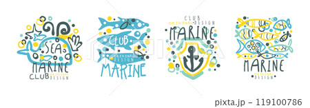 Sea and Marine Club Hand Drawn Logo and Label Original Design Vector Set 119100786