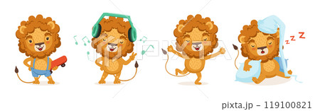 Cute Lion Character with Orange Mane and Tail Vector Set 119100821